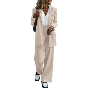 Two Piece Outfits Blazer Jacket and Wide Leg Pants Pockets For Women, Beige